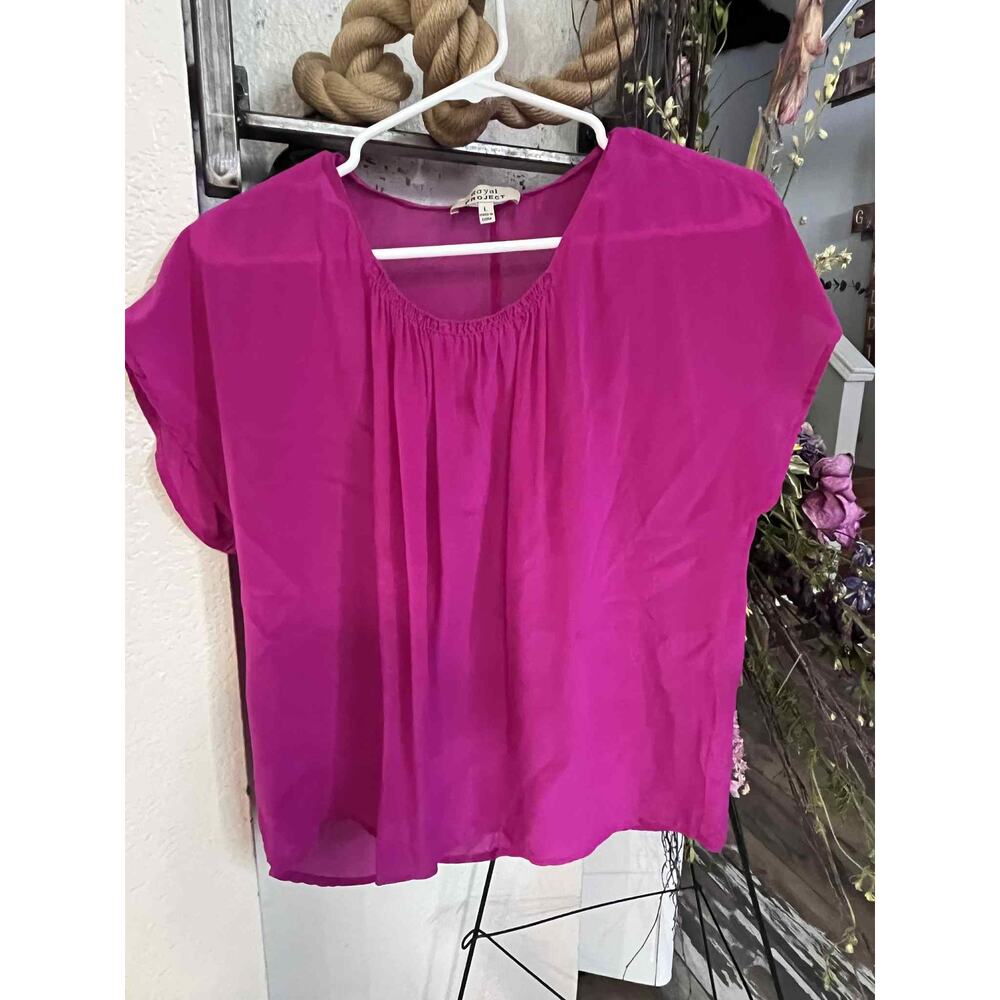 Fuchsia Short Sleeve Silk Blouse – Size Large